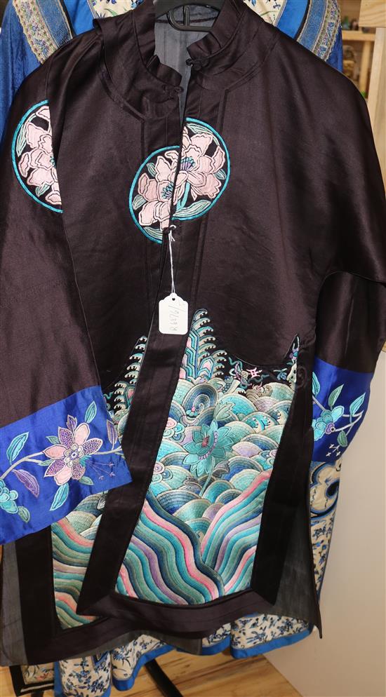 A 1920-30s black silk multi-coloured embroidered robe